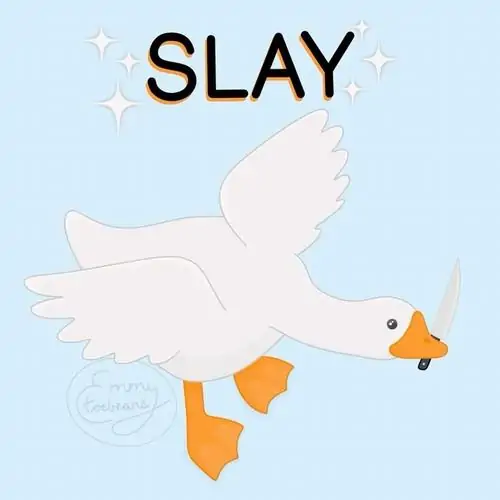 9 Cánh ngỗng trắng xoè rộng dưới chữ SLAY, thân bay ngang và chân cam duỗi thẳng tạo cảm giác thắng thế rất nhẹ