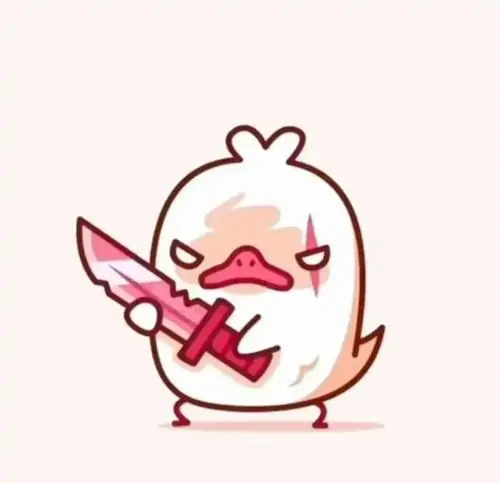 11 Nền hồng nhạt bao quanh chú vịt trắng mặt đỏ, hai tay ôm dao đỏ như đang dỗi vì bị chọc quê