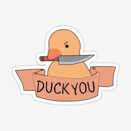 18 Khuôn mặt cam nằm trên lưỡi dao bạc trong ảnh vịt cầm dao cà khịa, dải chữ DUCK YOU nhìn khá ngang