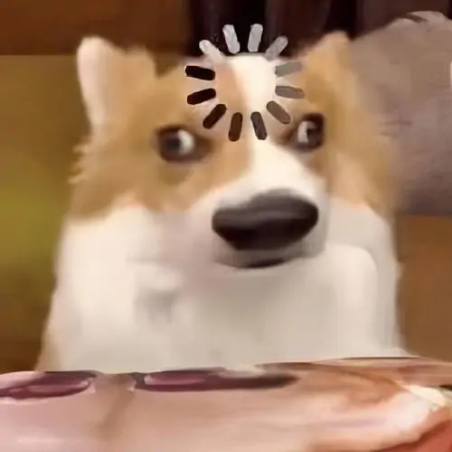 32 Chú chó Corgi có biểu tượng tải trên trán, diễn tả trạng thái não đang xử lý chậm khi bị hỏi một câu quá khó