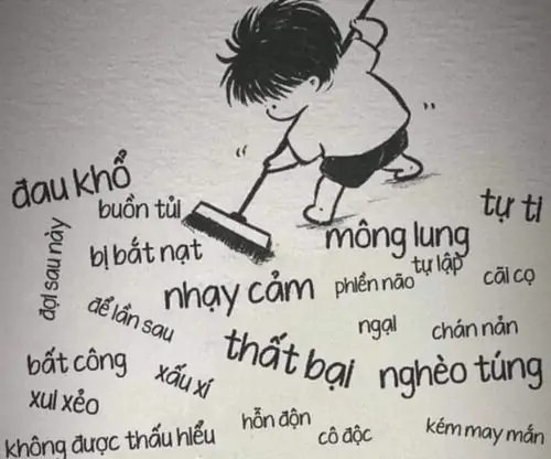 15 Cậu bé tinh nghịch dùng chổi quét đi đống chữ tiêu cực như đau khổ tồi tệ thất bại để dọn dẹp sạch sẽ không gian tâm hồn mình.
