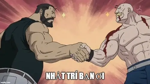 22 Hai nhân vật cơ bắp chạm tay trong khung hoạt hình, dòng chữ nhất trí bạn ơi biến cảnh đối đầu thành bắt tay hài