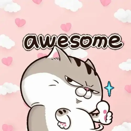 6 Hai chú mèo hoạt hình trên nền hồng ôm nhau và giơ ngón cái, chữ awesome làm sắc thái khen ngợi thêm lầy