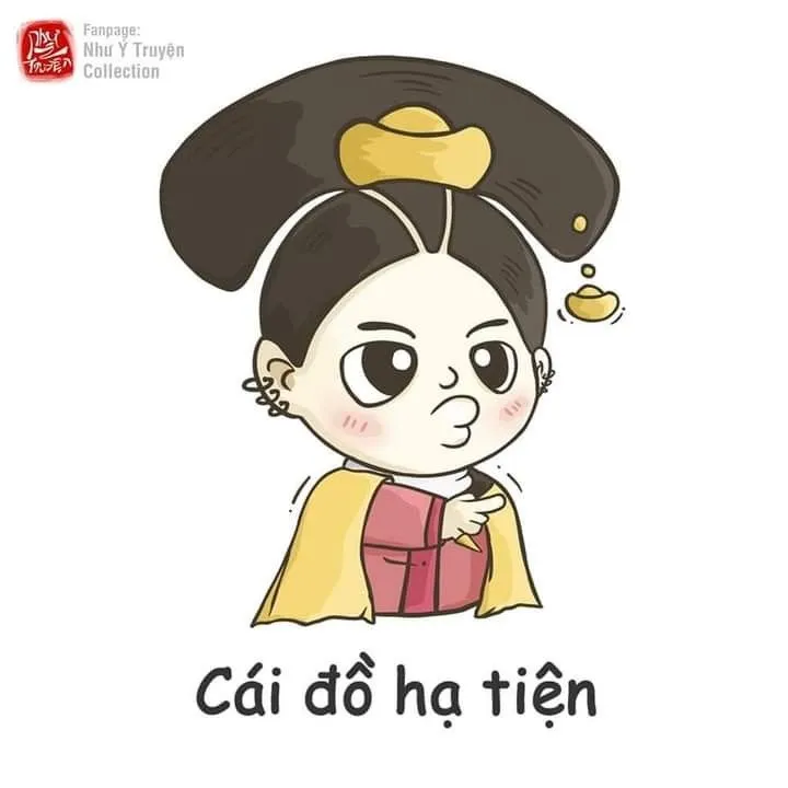 14 Cô gái hoạt hình mặc váy vàng chắp tay cúi nhẹ bên dòng chữ cái đồ hạ tiện, biểu cảm trông khá xéo sắc
