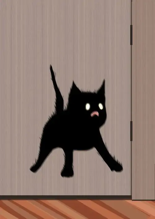 12 Hình chế hài chú mèo đen in bóng trên nền rèm sáng, thân khom và mắt tròn, không đeo gì, tạo cảm giác hoảng hồn