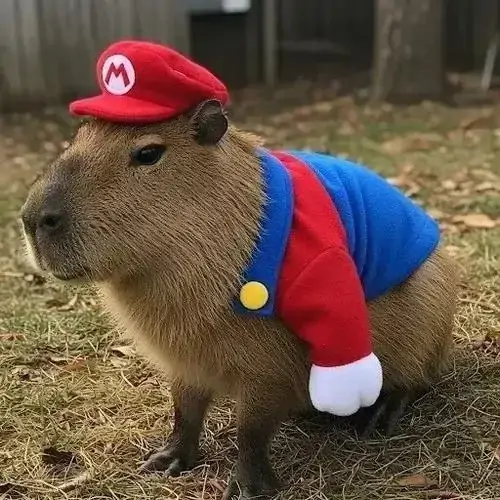 10 Capybara mặc đồ Mario đỏ xanh đứng trên cỏ, khuôn mặt nghiêm túc trái ngược bộ trang phục trẻ con nên nhìn rất vui