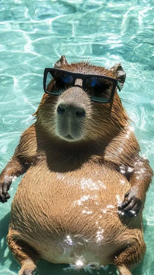 1 Capybara đeo kính đen ngồi trong hồ xanh, vẻ mặt lờ đờ nhưng rất tự tin như đang nghỉ mát giữa ngày quá tải
