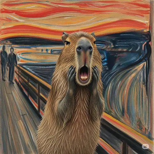 20 Ảnh vui về hình ảnh chuột nước chill khi Capybara được ghép vào tranh tiếng thét, miệng há lớn như phản ứng quá chậm với đời