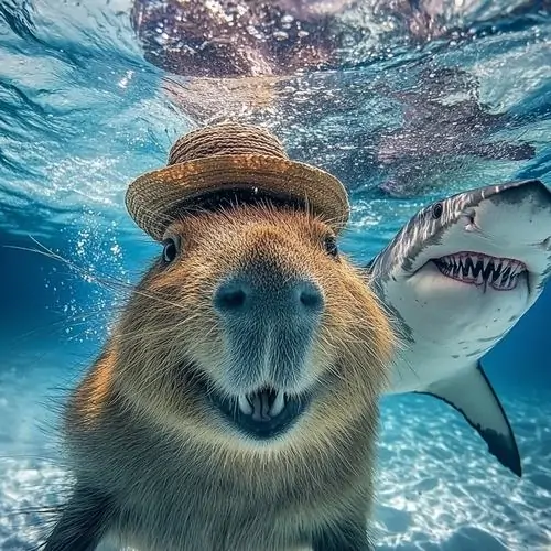 3 Dưới làn nước trong, Capybara đội mũ rơm nhìn thẳng ống kính, phía sau có cá mập tạo cảm giác bình tĩnh hơi khó hiểu