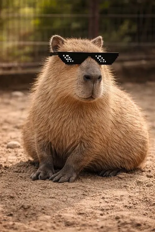 5 Giữa bãi đất nâu, Capybara ngồi khoanh chân với kính đen, vẻ ung dung như đang chờ ai đó giải thích chuyện phiền phức