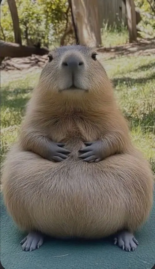 7 Thân hình tròn của Capybara nổi bật trên nền công viên, hai chân đặt ngay ngắn và ánh mắt lờ đờ đúng kiểu bình tĩnh