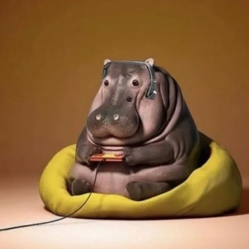 5 Meme chế hà mã chăm chú ngồi chơi game trên chiếc gối vàng êm ái trông vô cùng nghiêm túc và chuyên nghiệp.