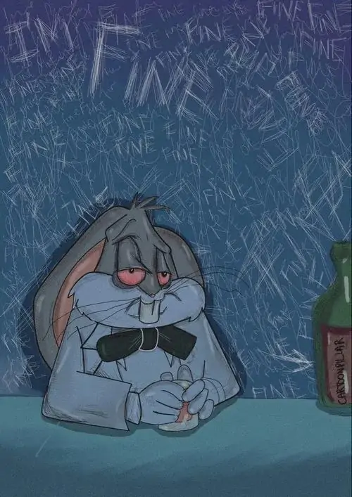 7 Dòng chữ I’m fine phía sau chú thỏ xanh mắt rũ làm cảnh uống một mình trở nên buồn cười kiểu tự an ủi