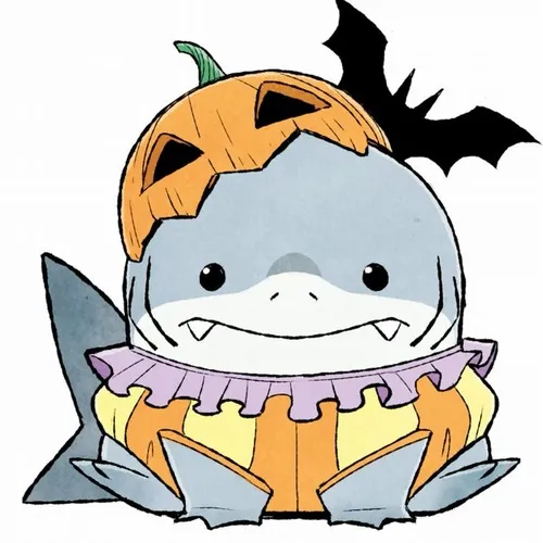11 Cá mập hoạt hình đội mũ bí ngô và cổ áo bèo, nụ cười hiền làm bộ đồ Halloween bớt đáng sợ hẳn
