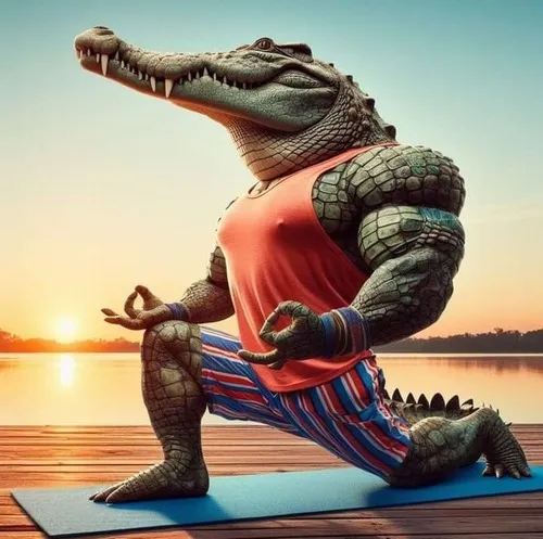 15 Chú cá sấu đô con đang đứng một chân tập yoga trên thảm ngoài bãi biển lúc hoàng hôn đầy thư thái nhẹ nhàng
