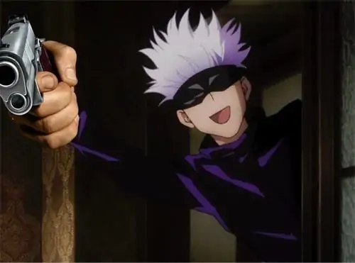 21 Nhân vật anime tóc tím đeo kính tối ló ra từ góc ảnh, bàn tay cầm súng ghép thêm tạo cảm giác cà khịa