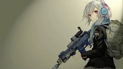 9 Cô gái anime tóc bạc mặc đồ tối ôm súng lớn, ánh sáng mờ phía sau làm dáng đứng lạnh lùng trở nên hơi lố