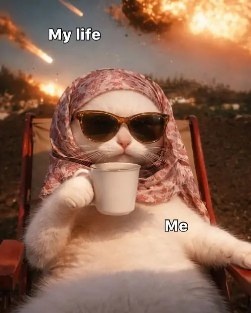 14 Chiếc kính đen và ly nước nhỏ biến mèo trắng thành dân nghỉ dưỡng, caption My life làm cảnh cháy phía sau càng tréo ngoe