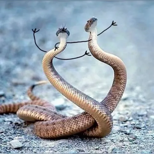 6 Hai chú rắn uốn mình đan vào nhau tạo hình trái tim đầy tình cảm giữa đường nhựa.