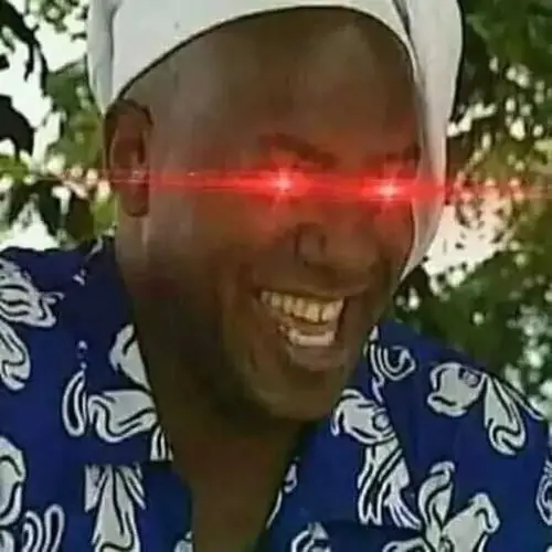 24 Meme hài người đàn ông mặc áo hoa cười lớn với đôi mắt phát sáng đỏ, cảm giác chiến thắng được đẩy lên cực mạnh