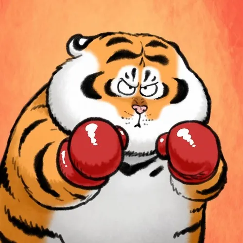 8 Chú cọp béo đeo găng tay boxing đỏ, ánh mắt quyết tâm như thể chuẩn bị cho trận đấu võ đài nhưng thân hình lại quá cồng kềnh.