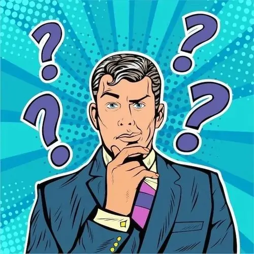 1 Người đàn ông mặc áo vét ôm cằm giữa nền xanh đầy dấu hỏi, ánh mắt bối rối như vừa nghe chuyện khó tin