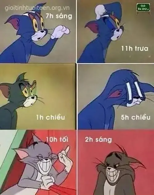 9 Bảng nhiều ô màu ghi các mốc buổi trong ngày, Tom xuất hiện với vẻ rã rời như lịch sinh hoạt cứ lặp lại không tha