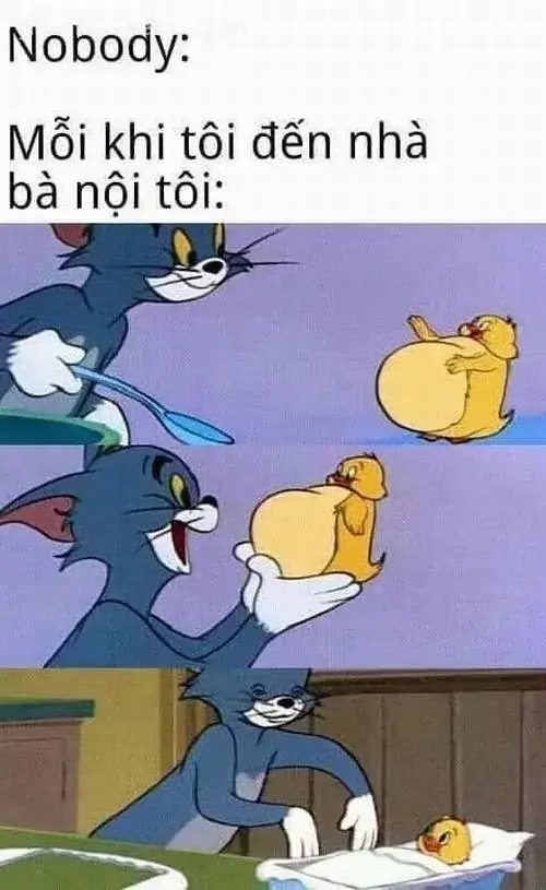 2 Caption Nobody xuất hiện khi Tom cầm rìu đuổi Jerry và vịt con, bối cảnh cầu thang làm pha rượt bắt thêm rối