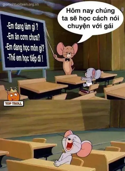 3 Trong lớp học có dòng chữ hài về học cách nói chuyện với gái, Jerry đứng bục giảng còn Tom ngồi dưới khá cam chịu