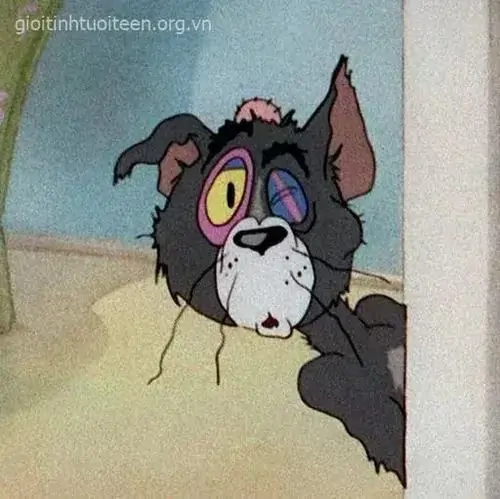 8 Meme hoạt hình Tom và Jerry ghi lại khuôn mặt Tom bị bôi đen, mắt đỏ trợn tròn, đúng kiểu vừa gặp tai nạn khó đỡ