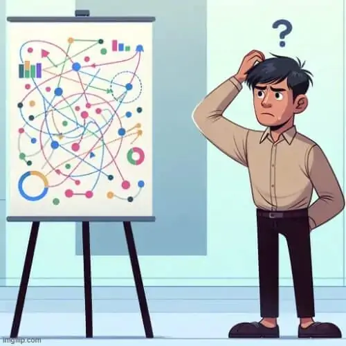 8 Meme chế vẽ nhân vật nam đứng trước bảng sơ đồ rối rắm và đưa tay lên gãi đầu, mô tả chuẩn xác tình huống bất lực trước bài toán khó.