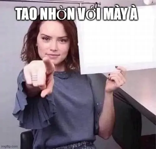 34 Cô gái mặc áo xám chỉ hai tay về phía trước, dòng chữ “Tao nhờn với mày à” làm thái độ thách thức rõ ràng.
