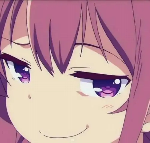 18 Nhân vật anime tóc hồng nhìn nghiêng với đôi mắt đầy nghi ngờ tạo nên ảnh nhếch mép meme cực hợp để đối đáp trong các hội nhóm chat.