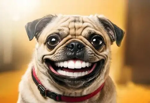 25 Chú chó pug ngồi dưới ánh sáng ấm, khuôn mặt nhăn đặc trưng kết hợp nụ cười trắng bóng nhìn vừa đáng yêu vừa lố