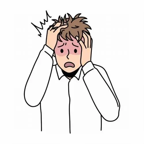 26 Nhân vật nét vẽ đơn giản mặc áo trắng đưa tay gần mặt, tóc dựng rối và đôi mắt lo lắng vì không hiểu chuyện