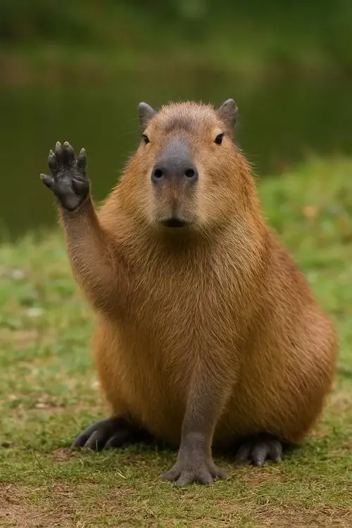 25 Trên nền cỏ xanh, Capybara giơ một chân nhỏ nhìn thẳng máy ảnh, dáng ngồi chậm rãi tạo cảm giác đang xin phát biểu