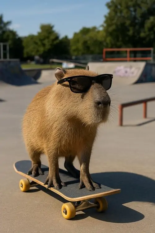 31 Ảnh hài bắt cảnh Capybara đeo kính đen đứng trên ván trượt, dáng chúi người như đang cố tỏ ra rất ngầu