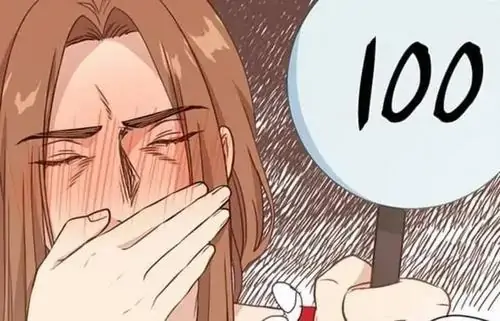 14 Cô gái hoạt hình mặc áo nâu che miệng cười, tay cầm bảng 100, biểu cảm ngại ngùng làm điểm số bị phóng đại