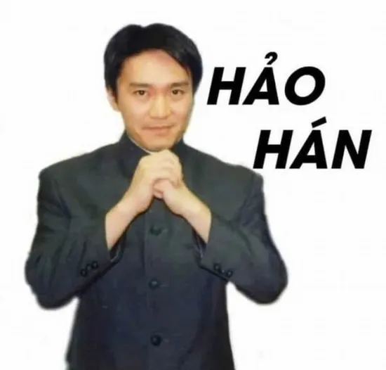 8 Hình hài hước biểu dương người đàn ông mặc áo đen chắp tay nghiêm túc bên chữ Hảo hán, tạo lời khen rất xã giao