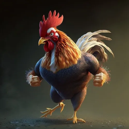 24 Meme hài chú gà trống lực lưỡng bước trong ánh sáng tối, cơ bắp phóng đại tạo cảm giác anh hùng hơi lố