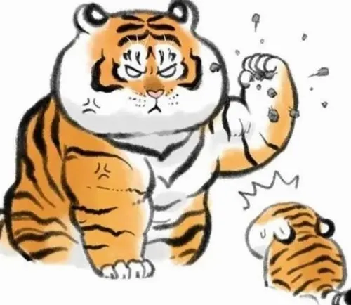 24 Ảnh hài chú hổ mập đang giơ tay như thể vừa thắng trận, khuôn mặt biểu cảm đầy tự hào sau khi vượt qua một thử thách khó nhằn nào đó.