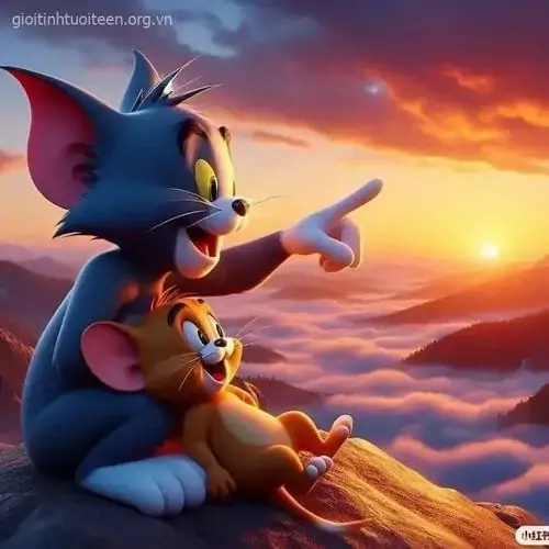 31 Bầu trời hoàng hôn rực sáng phía sau Tom và Jerry, hai nhân vật ngồi cạnh nhau tạo cảm giác phiêu lưu nhẹ nhàng khác thường