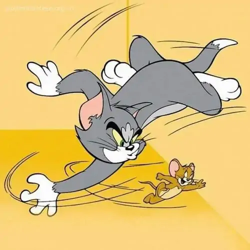 32 Meme kinh điển ghi lại Tom lao người chụp Jerry trên nền vàng, tay chân duỗi dài khiến cuộc rượt bắt nhìn rất cường điệu