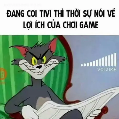 23 Caption về thời sự và lợi ích chơi game nằm trên mặt Tom đang đọc báo, vẻ nghiêm túc khiến câu đùa thêm mỉa mai