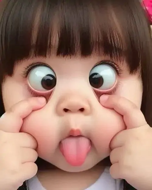30 Hai ngón tay kéo má và đôi mắt trợn tròn khiến bé tóc mái bằng trông tinh nghịch, lưỡi thè ra rất phá